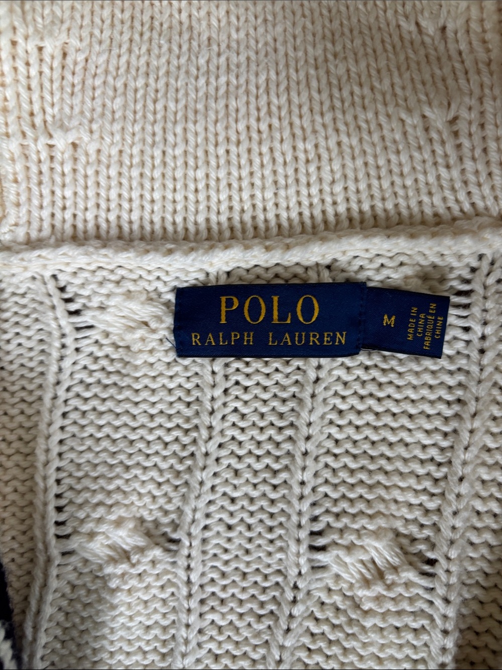 Vintage Polo Ralph Lauren Cream Cable-Knit Shawl-Collar Cardigan with Navy Tri - Picture 3 of 7
